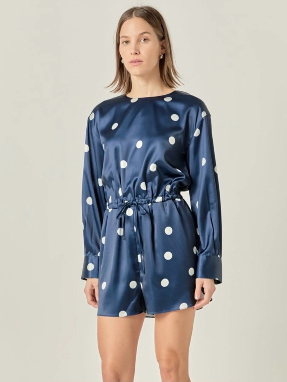 English Factory Navy Satin Polka Dot Satin Romper small
